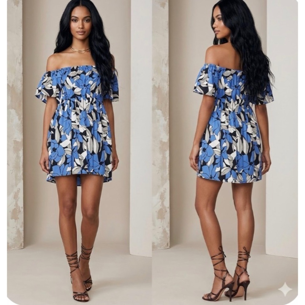 Free People Louise Smocked Floral Print Babydoll Off Shoulder Dress Blue Combo